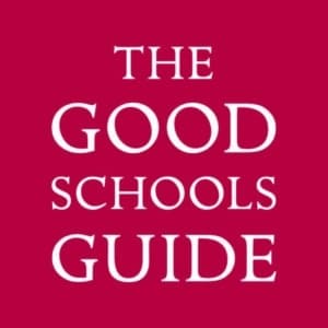 A red square background with white text reading "The Good Schools Guide," highlighting institutions that excel in both academics and sport.